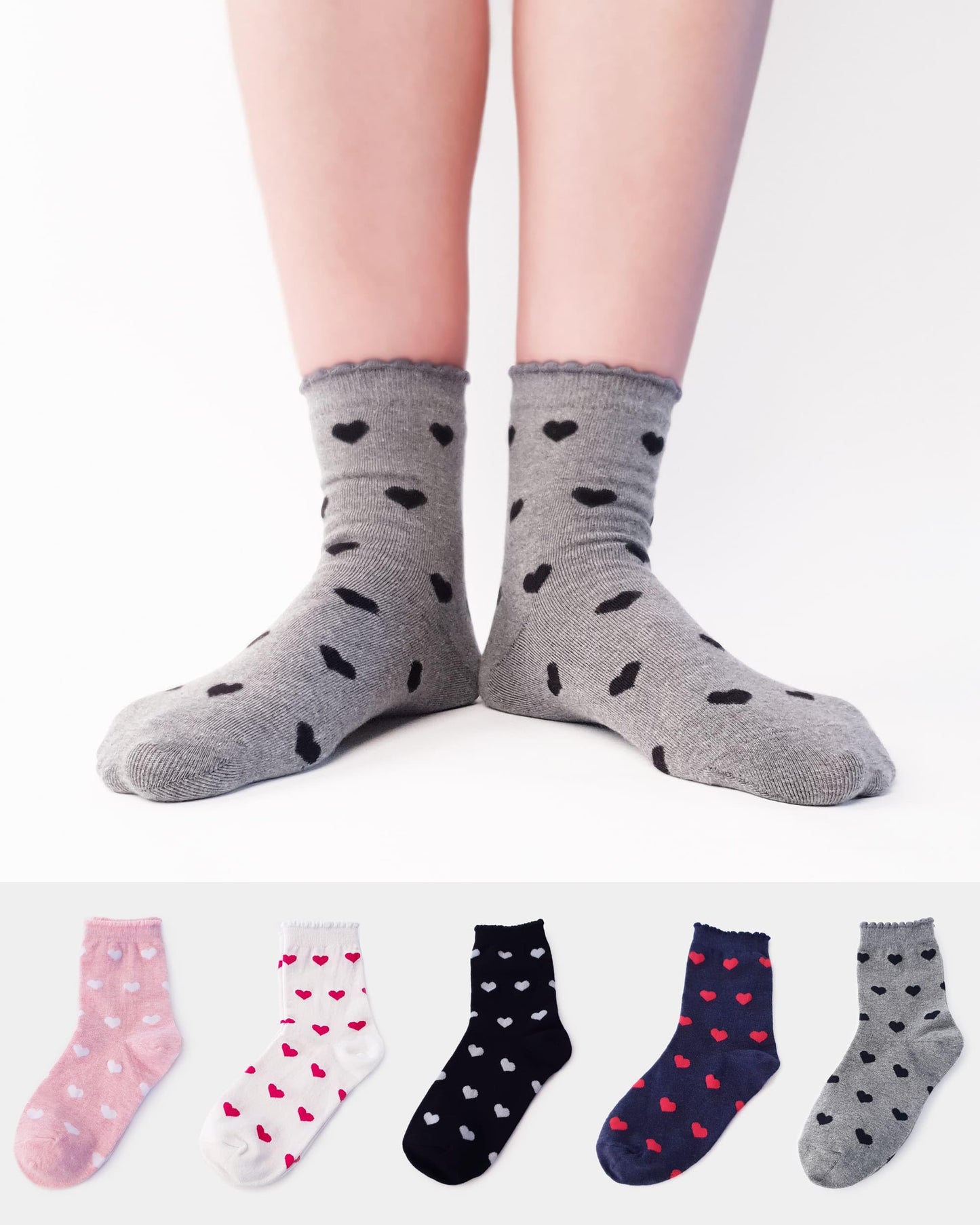 CUTIE MANGO 3 Pairs Women's Heart Pattern Print Cotton Daily Casual Crew Socks Novelty Premium Fashion Soft Lovely Cute Crazy Fun Size 6,7,8,9,10 for Women - Gray