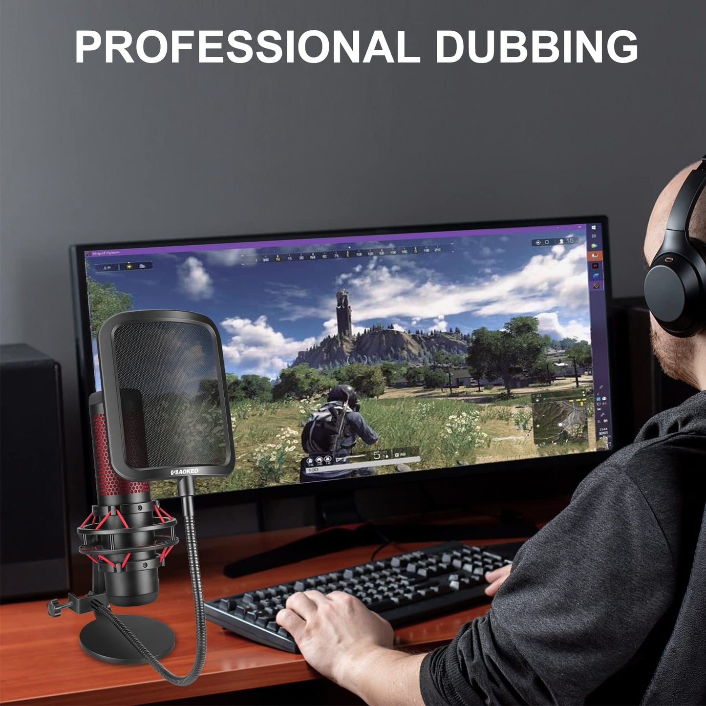 Aokeo Metal Pop Filter,Metal Mesh Layer Microphone Windscreen for Hyperx QuadCast, Blue Yeti and Other Mics,Pop Shield with Flexible 360° Gooseneck Clip Stabilization Arm