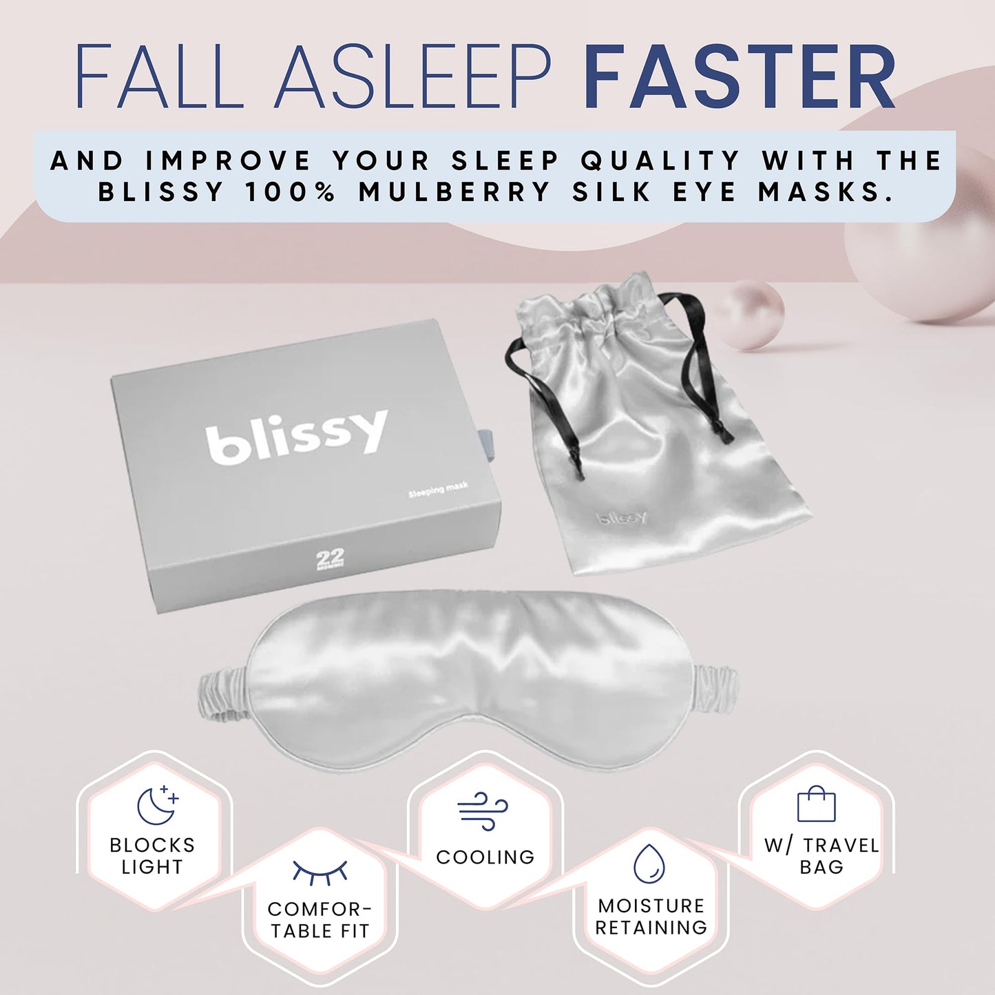 Blissy Silk Sleep Mask - Eye Sleeping Mask for Women & Men for Total Blackout - 100% Pure Mulberry Silk, 22 Momme 6a Fibers - Blindfold Sleep Mask Side Sleeper Eye Cover (Silver)