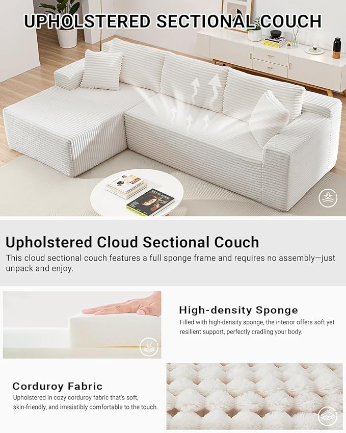 105 Inch Modular Sectional Sofa,Modern Cloud Sectional Couch with Deep Seat,Corduroy Boneless Couches with L-Shape Chaise for Living Room Bedroom,No Assembly Required (White, Left Facing Chaise)
