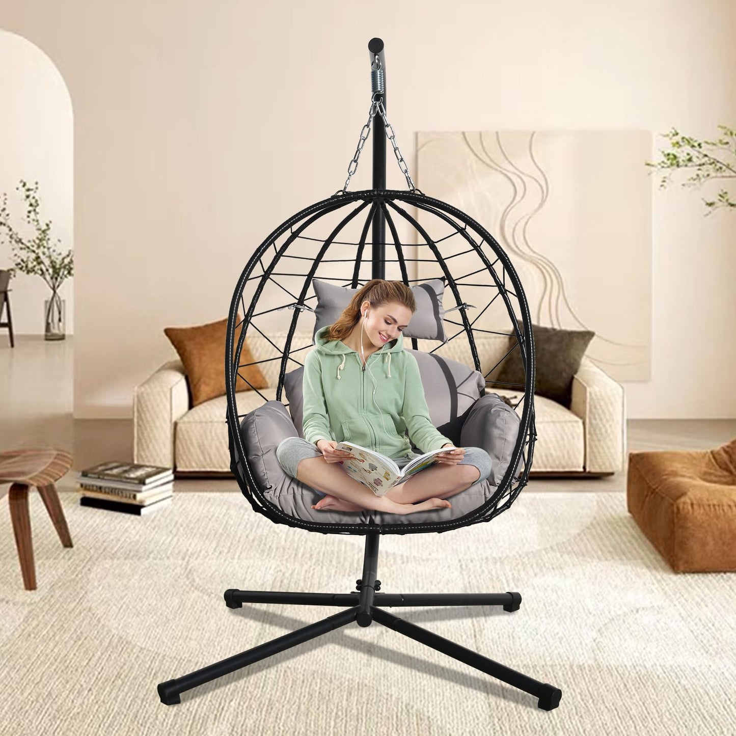 Egg Chair with Stand, Uv-Proof Pe Wicker Hanging Chair for Outdoor Patio, Cushioned Hammock Swing for Bedroom Garden Indoor/Outdoor, Double-Zipper Structure Hanging Egg Chair (Black and Gray)