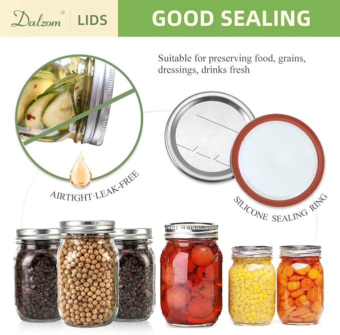 Dalzom® 144Pcs Canning Lids with Rings Regular Mouth, Premium Mason Jar Lids with Rings for Ball, Kerr Jars - Food Grade Material, 100% Fit & Airtight for Regular Mouth Mason Jars