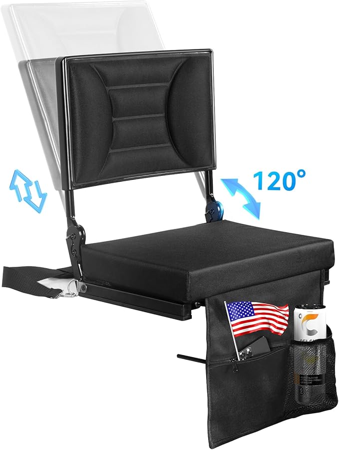 Extra Wide Stadium Seat with Back Support | Adjustable High Back & Thick Padded | Bleacher Chairs with back and Cushion, Includes Cup Holder, Shoulder Strap, Perfect for Concerts, Sports Events-BL