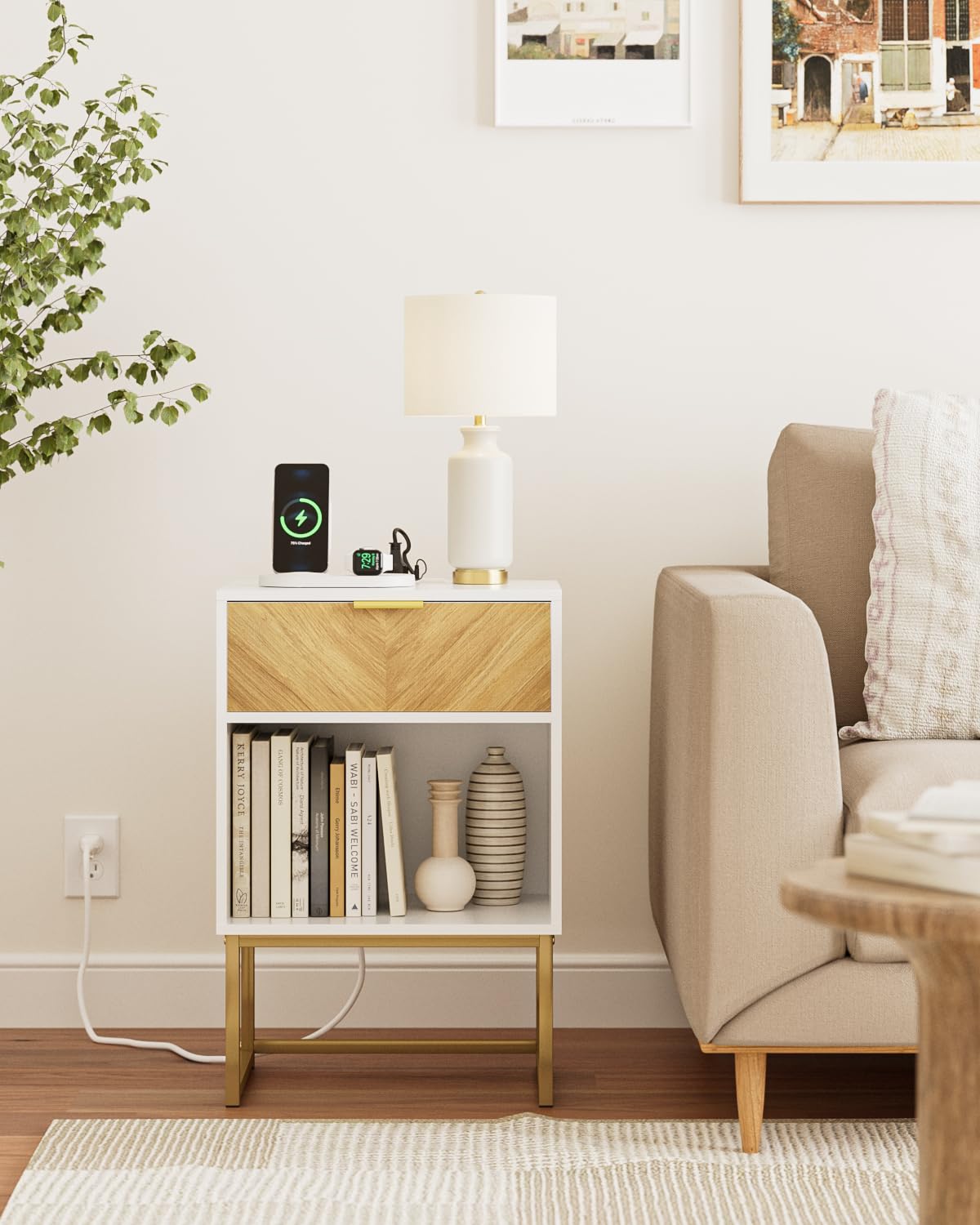Acodaiuy Nightstand with Charging Station, Boho Night Stand with Drawer Wood Farmhouse Bedside Table with Storage, End Side Accent Table for Bedroom,Living Room,White