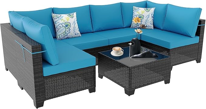 Ophelian 7 Pieces Patio Furniture Set, Outdoor Conversation Rattan Sofa，with Waterproof Cushion and Tempered Glass for Garden and Backyard, (Brown/Peacock Blue)