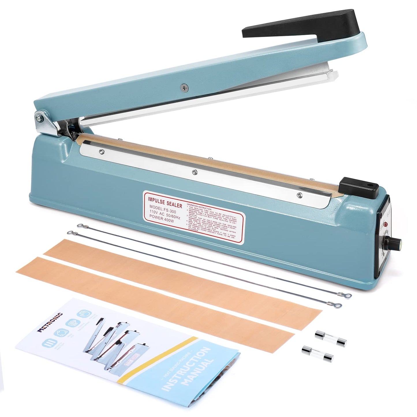 METRONIC Impulse Sealer 12 Inch, Heat Sealer Machine with Repair Kit, Manual Bag Sealer, Heavy Duty Impulse Heat Sealer for Plastic Bags, Shrink Wrap Bag (Blue)
