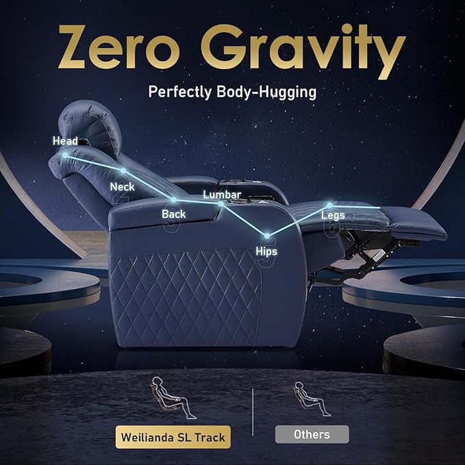 Weilianda Home Theater Seating Top Grain Leather Zero Gravity Recliner Chair Power Headrest Recline Movie Seat Gaming 7 Colors Mood Light Sofa with Tray Table USB Charge Row of 4 Loveseat Middle Blue