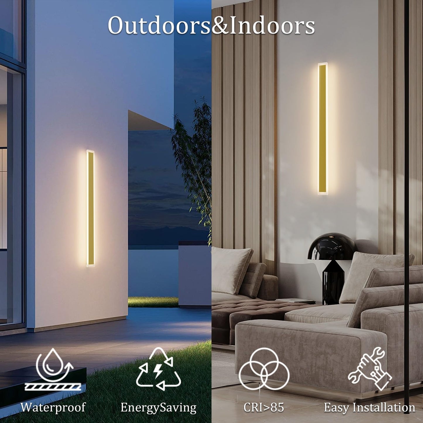 Coinmit 2Pack 39.4In Long Outdoor LED Wall Lights IP65 Waterproof Modern Exterior Wall Light 3000K Linear Outdoor Lights for Courtyard Porch(Gold)
