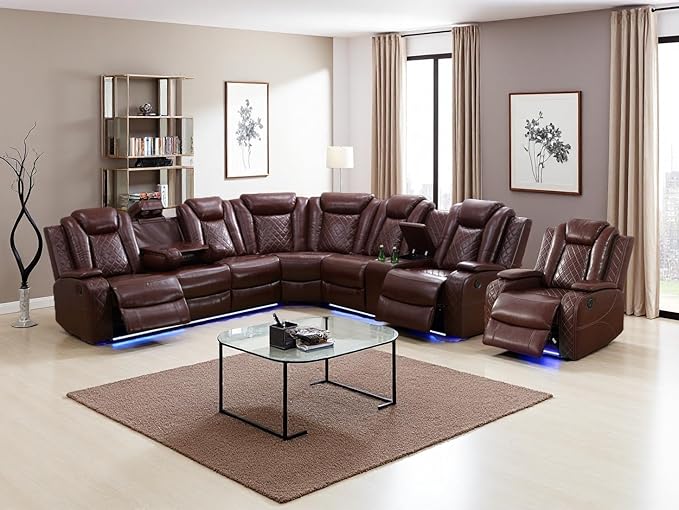 Dekmxas Power Sectional Reclining Sofa Set, Brown Breathing Leather Power Recliner Sofa Set with LED Light, Living Room Furniture with 3 Recliner Seats/Cup Holder/Storage Console for Living Room