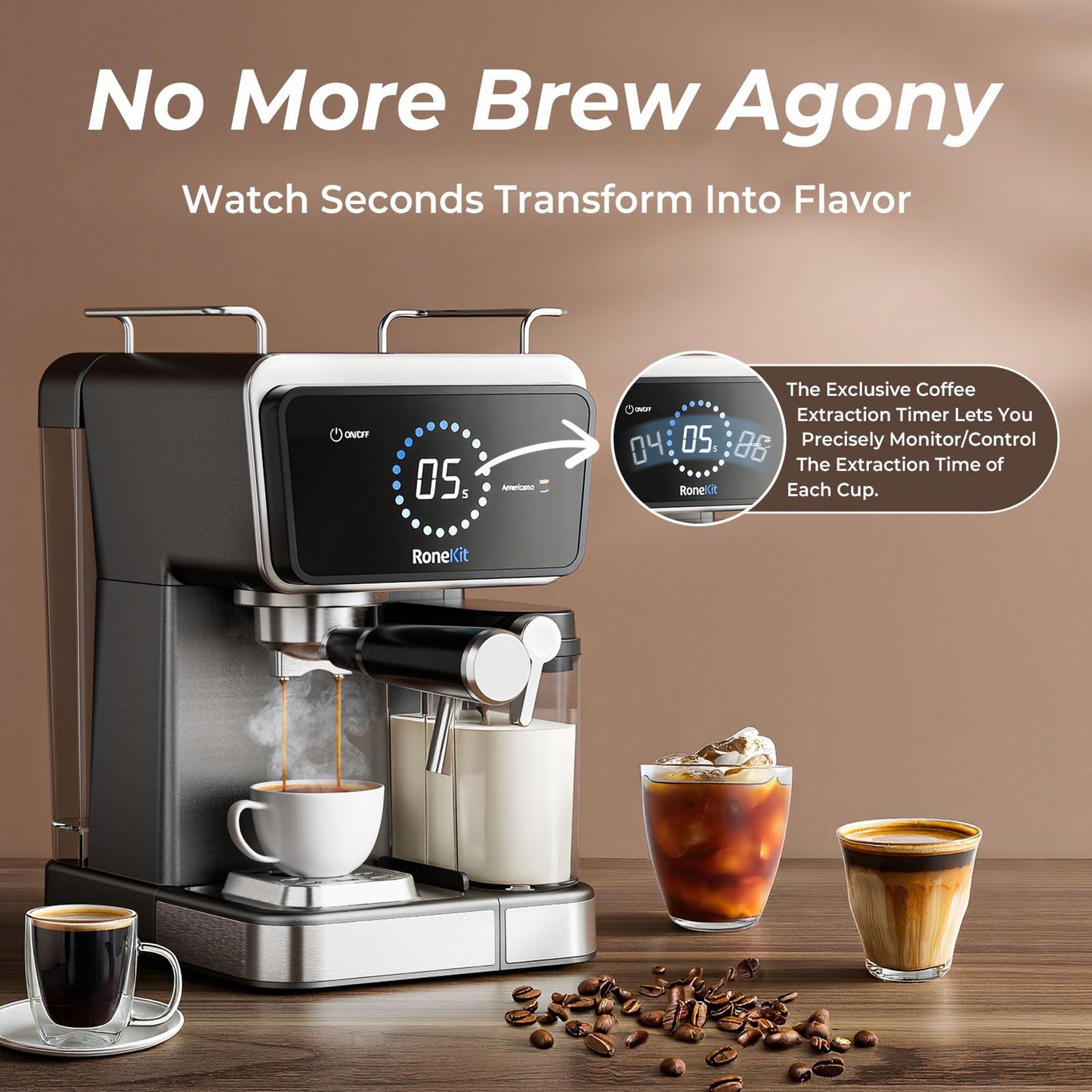 RoneKIT Espresso Machine with Automatic Milk Tank,Espresso Cool & Cappuccino Machine, 20Bar Espresso Coffee Machines, Touch Screen with Timer, 50.7Oz Removable Reservoir, Black