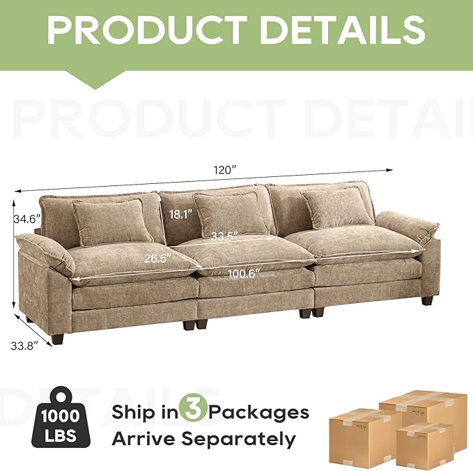 Oprisen 120" Modular Sectional Sofa, Comfy Cloud Couch Sectional, Chenille Sofa Sleeper Deep Seat Sofa with Throw Pillows for Living Room (Khaki, 120"- 3 Seater)