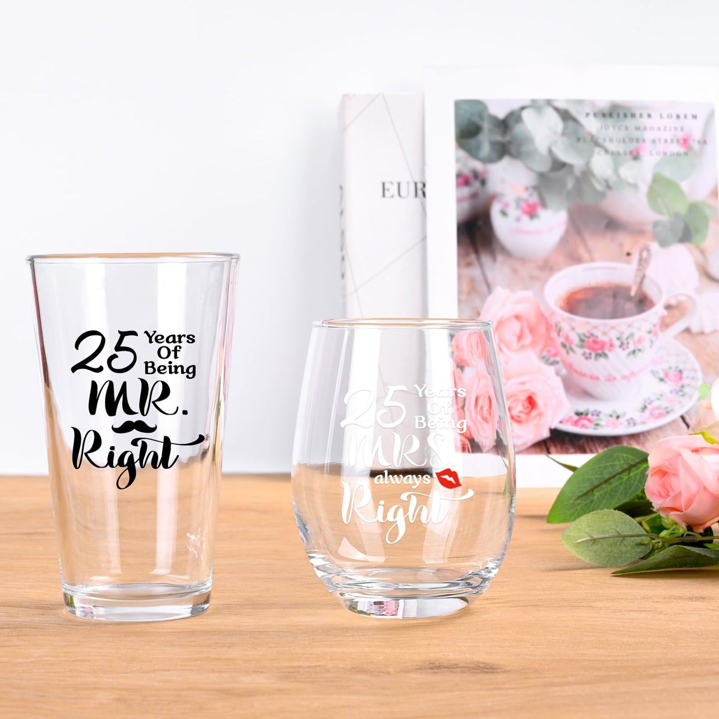 Futtumy 25th Anniversary Glass Gifts Set, 25 Years of Being Mr Right & Mrs Always Right 17oz Wine 15oz Beer Glass, 25th Wedding Anniversary for Wife Husband Couple Parents Grandparents Friends