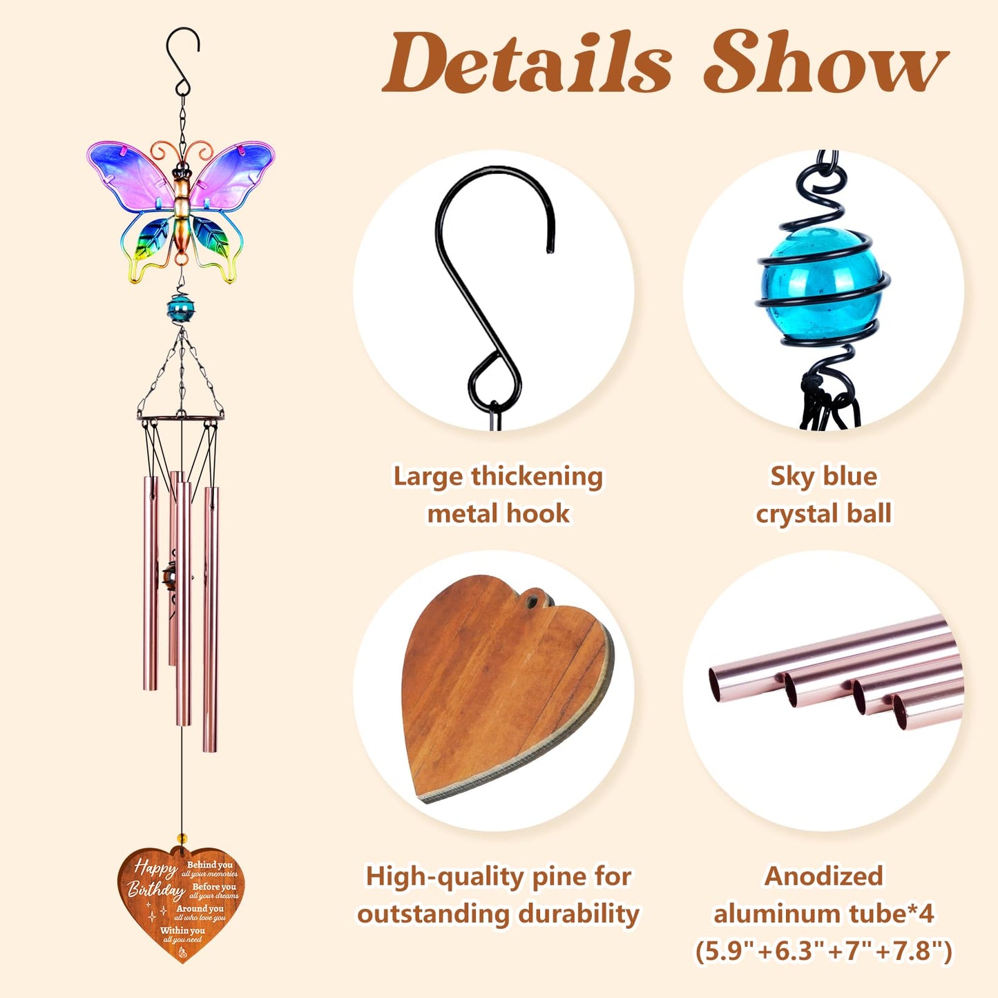 Birthday Gifts for Women, Happy Birthday 20th 30th 40th 50th 60th Gifts for Women Friendship, Friends Sister Bestie BFF Coworker Mom Gift for Birthdays, Unique Garden Decor Birthdays Wind Chimes