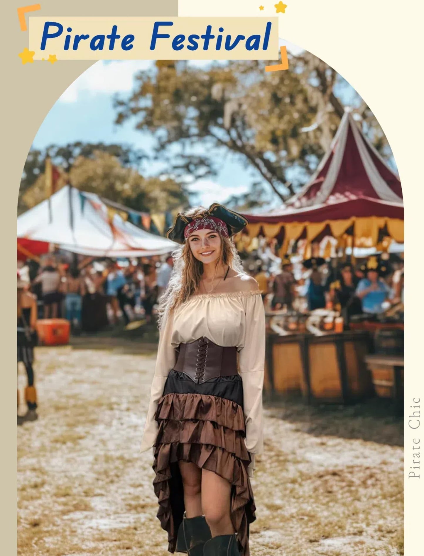 Verceco Pirate Costume Women Outfit with Renaissance Pirate Shirt Skirt Corset Waist Belt Womens Halloween Pirate Costumes (Beige+Brown, M)