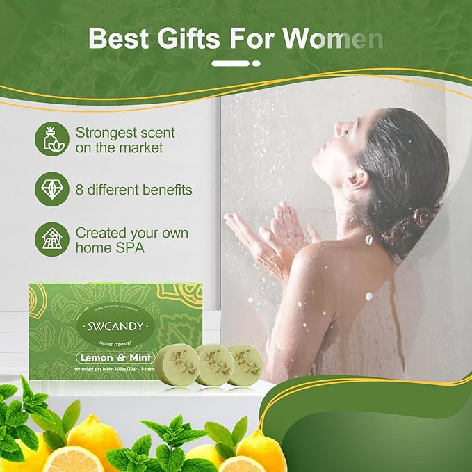 Shower Steamers Aromatherapy Birthday Gifts for Women Travel Essentials, 8 Pcs Lemon Mint, Bath Bombs Shower Bombs with Natural Essential Oils, Relaxation Home SPA