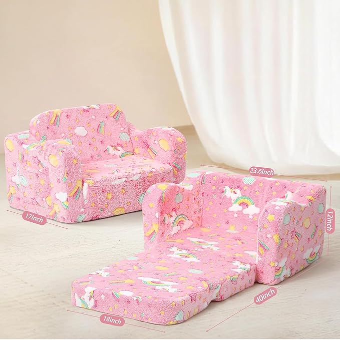 MeMoreCool Folding Toddler Chair, Glow-in-The-Dark Soft Plush Kids Fold-Out Couch Sofa, Comfy Baby Recliner for Girls and Boys (Pink Rainbow)