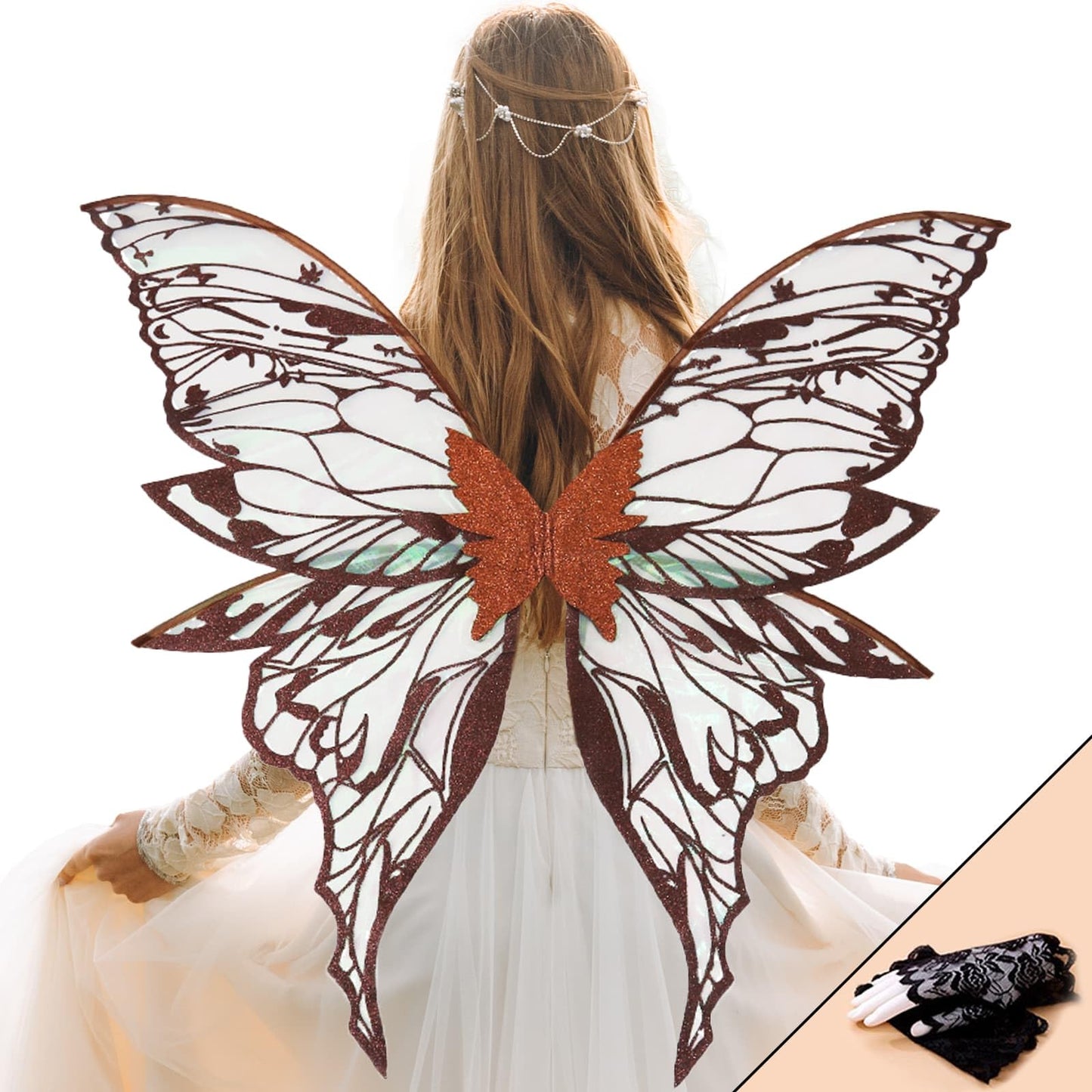 YKW Fairy Wings for Adult Women,31.5x29.5 Inch Butterfly Cosplay Wings with Lace Gloves,Organza Costume Wings for Halloween Party (Auburn)