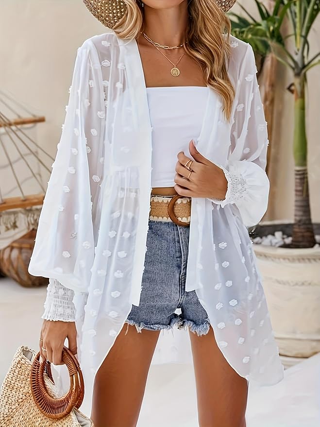 Women Sheer Floral Kimono Cardigan Lightweight Long Sleeve Blouse Cover Up for Summer Beach Casual Daily Outfits