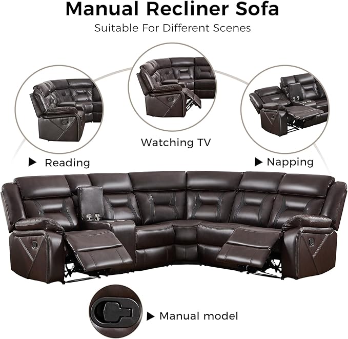 EBELLO Manual Reclining Sectional Sofa for Living Room, L-Shaped Sectional Corner Reclining Sectional Couches Home Furniture Set with Center Console, Hidden Cup Holders and Storage, Dark Brown