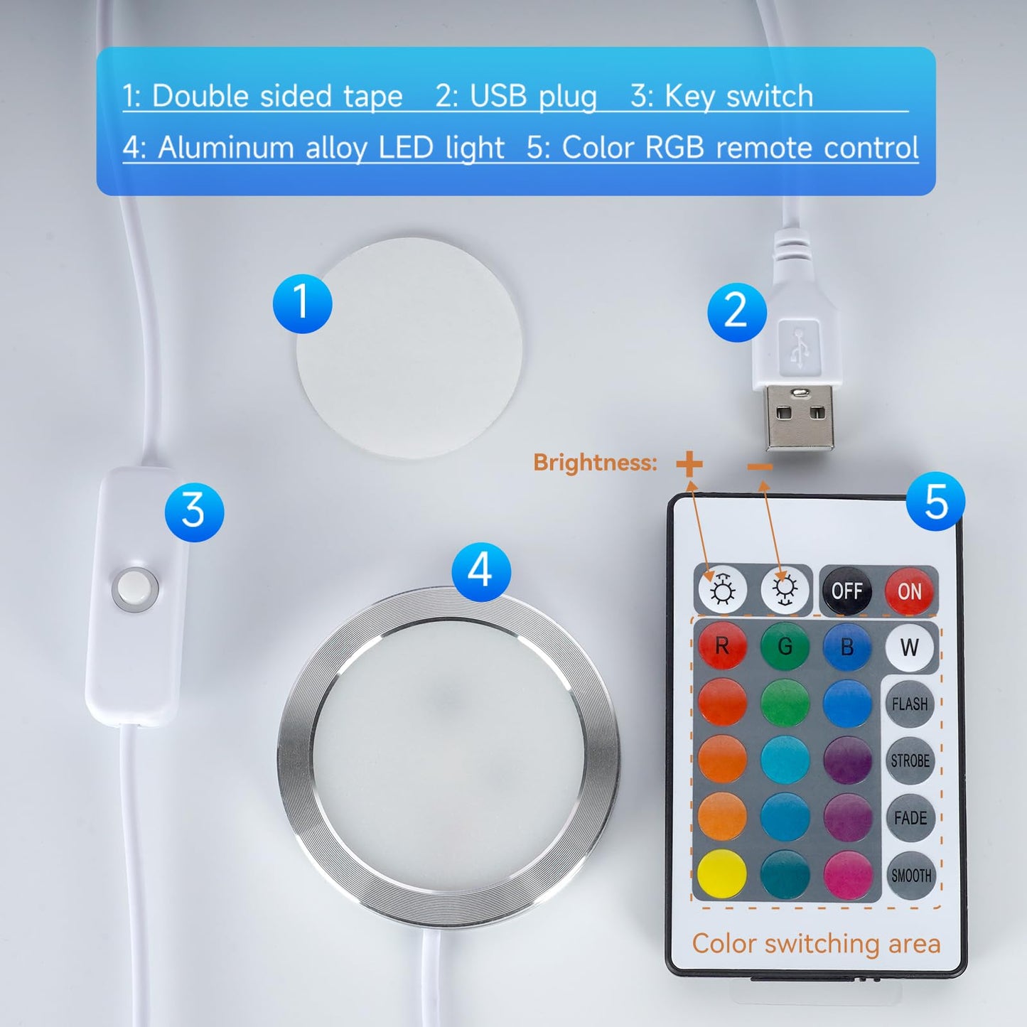 BambooSegD 3PCS Remote Control RGB LED Lamp Kit 001 for Bambu Lab H2D/X1/P1P/A1 Multicolor RGB Includes Button Battery Makerworld for Anycubic Makeronline 3D Printer light DIY Hardware Model Parts USB