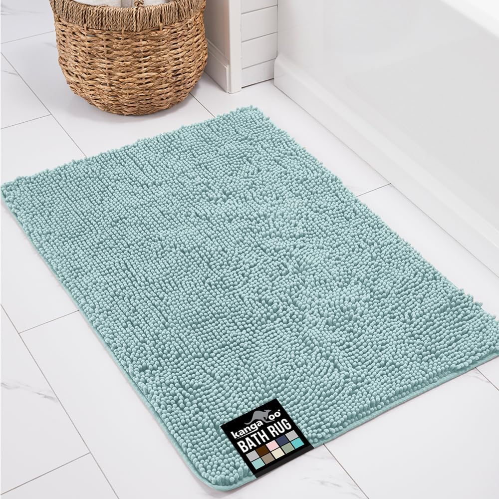 KANGAROO Bathroom Rugs, Chenille Soft Absorbent Bath Rug, Shaggy Shower Mat, Quick Dry Machine Wash Bathmat, Plush Carpet Mats for Tub, Bathtub and Room Home Decor Accessories, 60x24, Seafoam
