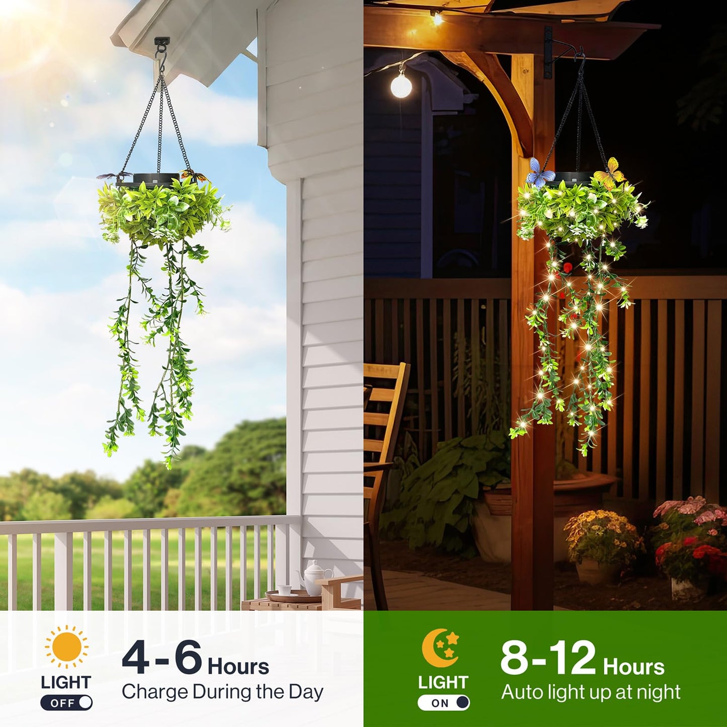 Solar Hanging Garden Lights - 2 Pack | 66 LEDs Butterfly & Flower Decor | IP65 Waterproof Summer Patio Lights for Outdoor Party Camping Poolside, Romantic Wedding | Gifts for Daughter Mom Grandma