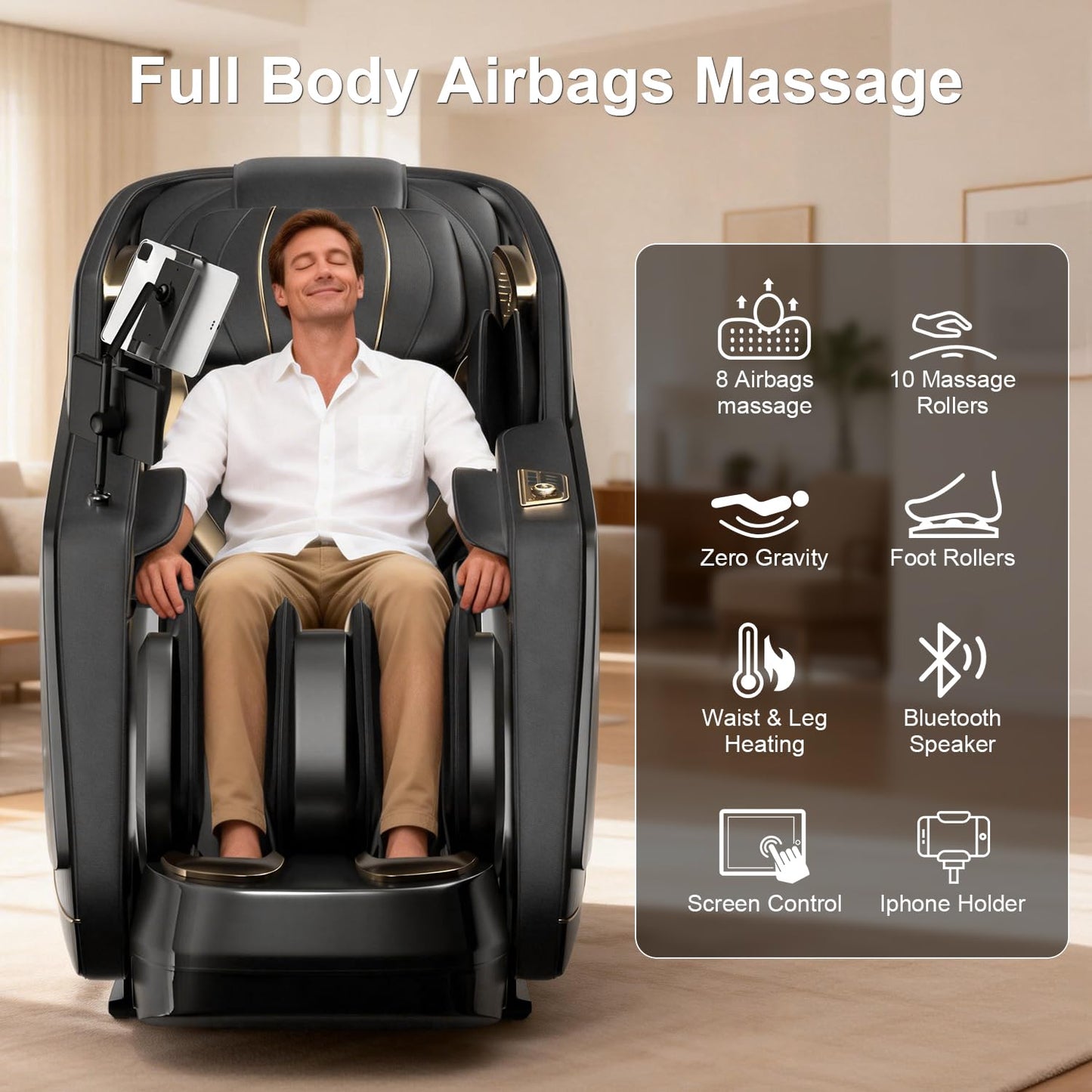 COZOME 4D Zero Gravity Full Body Massage Chair with SL Track, 15 Auto Modes, Voice Control, Foot Rollers, Waist & Calf Heating, Deep Yoga Stretch, Touch Screen Controller for Home Office, Black