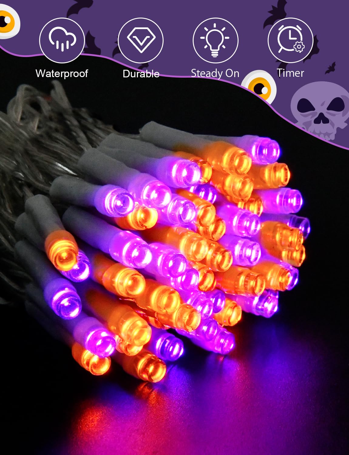 Cshare Halloween String Lights Battery Operated With Timer, Orange and Purple Outdoor 9.8ft 30LED, Decorations for Party Yard Pathway Indoor Outdoor