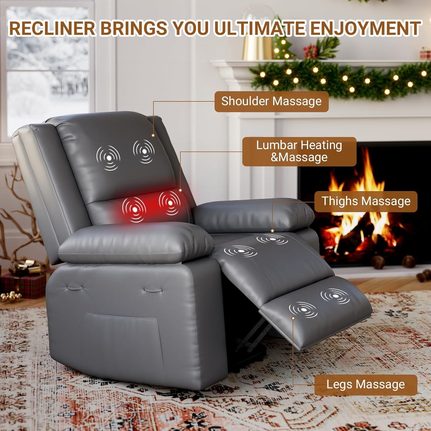 PeacefulHues PU Leather Power Lift Recliner Chair for Elderly,160°Adjustable Electric Reclining Sofa with Massage and Heat for Living Room/Bedroom,Grey
