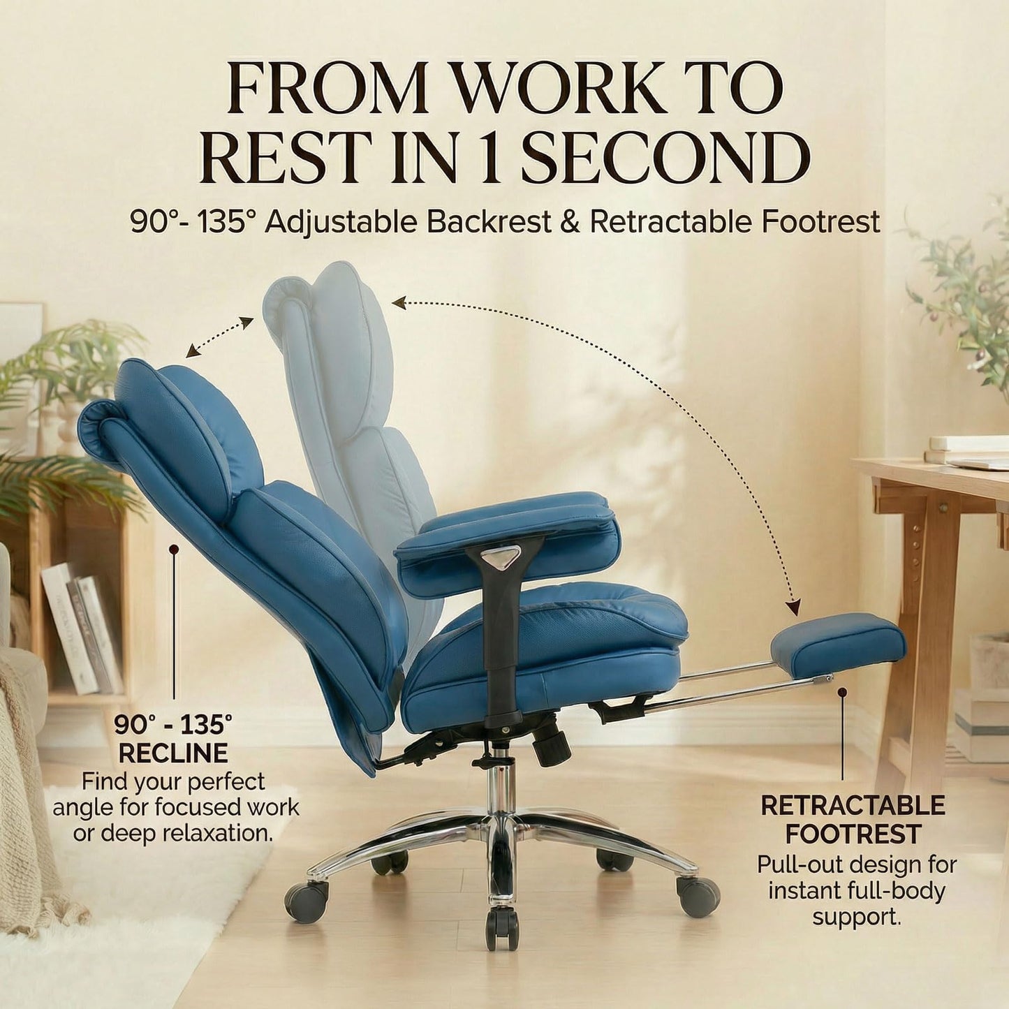 Efomao Big & Tall Executive Office Chair with Footrest - 400lbs Heavy Duty High Back PU Leather Desk Chair, Modern Ergonomic Reclining Computer Chair, Blue