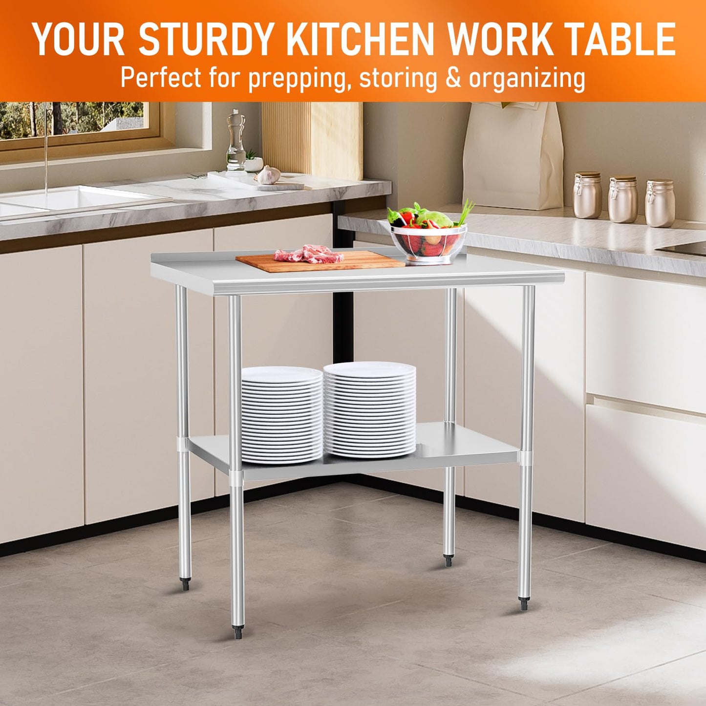 HOCCOT Stainless Steel Table 30" x 36" with Adjustable Undershelf and Backsplash, Commercial Metal Workstations for Kitchen, Garage, Outdoor BBQ