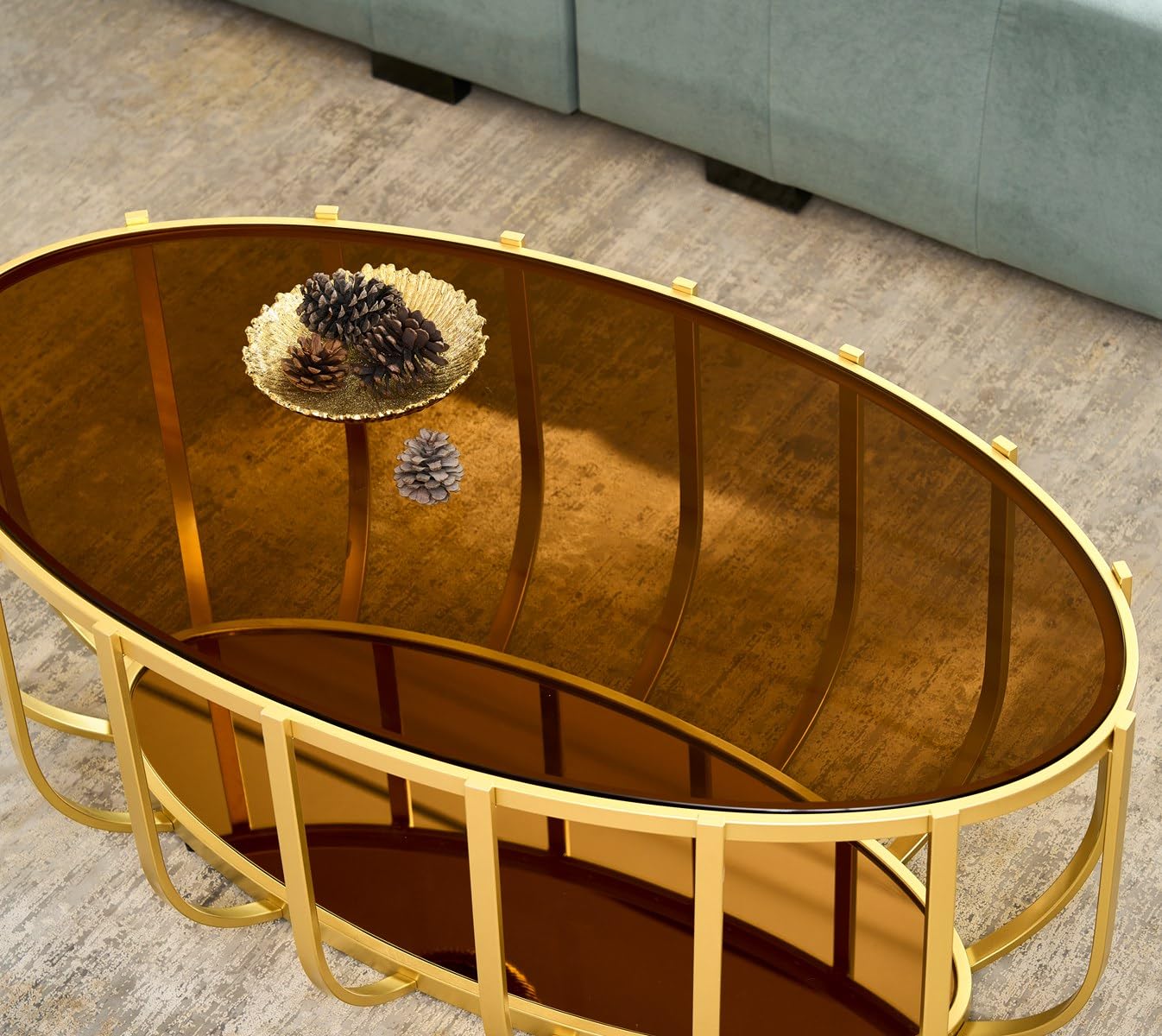 AGV LIGHTING Oval Glass Coffee Table with Gold Metal Frame, Modern Glam Glass Coffee Table, Amber Tempered Glass Top with Lower Mirrow Glass Shelf, Modern Gold Coffee Table for Living Room