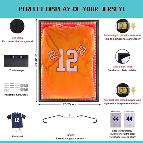KCRasan LED Jersey Frame Display Case - Jersey case with led Lights - Large Lockable Frames Shadow Box with UV Protection for Baseball Basketball Football Soccer Hockey Sport Shirt, Black