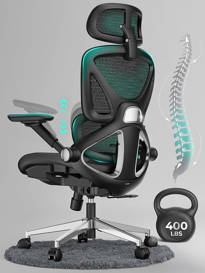 CAPOT Ergonomic Mesh Office Chair, Adjustable Lumbar High Back Desk Chair 400lbs, 4D Flip-up Arms, 3-Level Tilt Backrest, ...