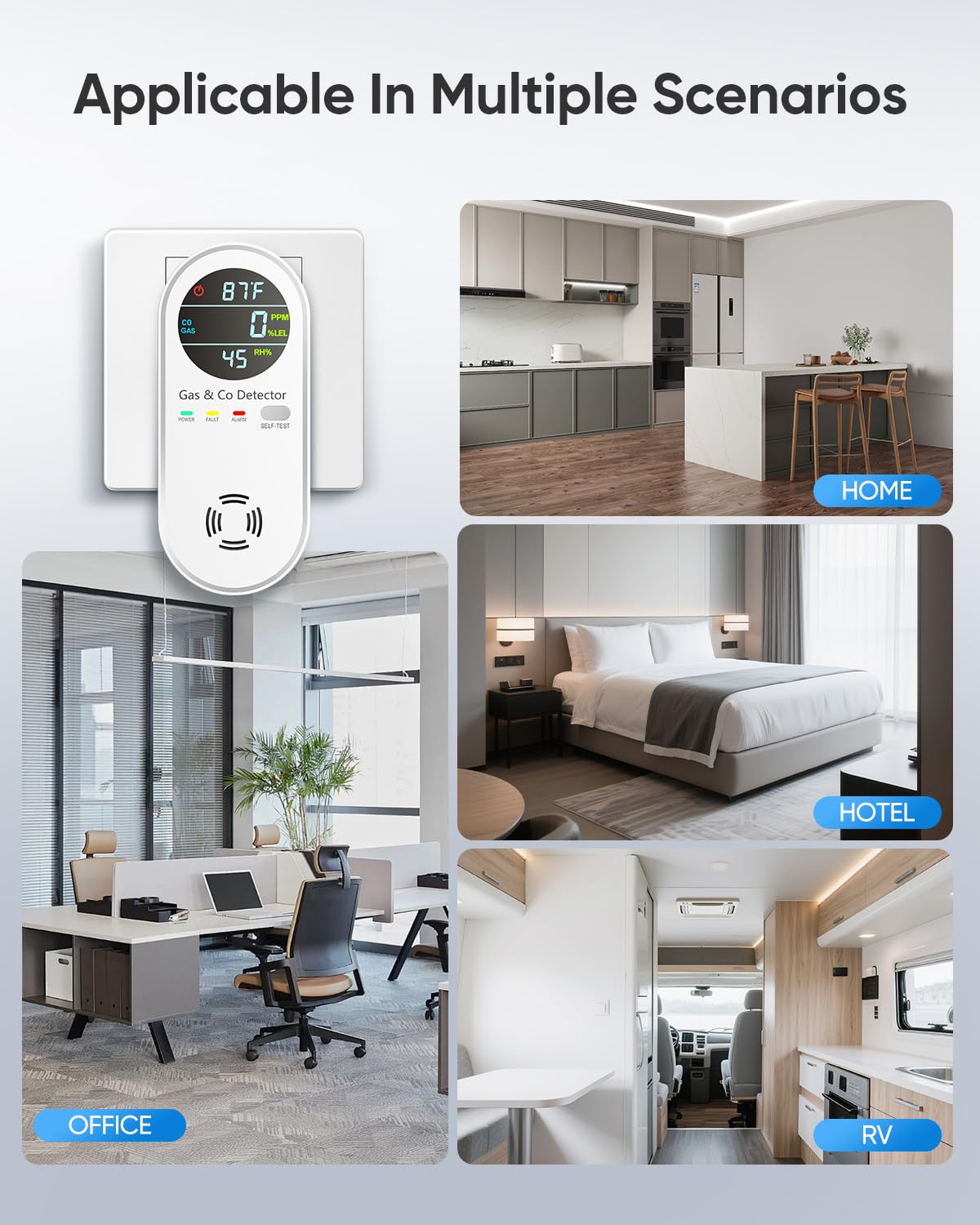 Vilfet Carbon Monoxide Detectors & Natural Gas Detector, 4-in-1 Carbon Monoxide Detectors Plug in, Gas Leak Detector with Dual Alarms, Temperature & Humidity Sensor for Home, RV, White, 1 Pack