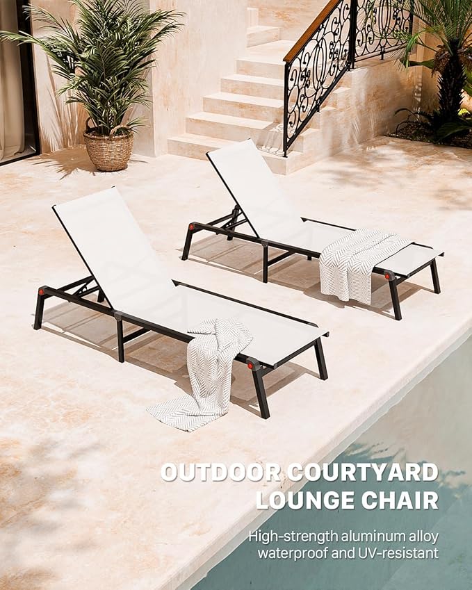 Aluminum Chaise Foldable Patio Lounge Chair Outdoor, Metal Deck Lounger Adjustable 5-Position Recliner Pool Chase Breathable Full Flat Outside Sun Tanning Chairs for Beach/Poolside/Lawn(White, 2Pack)
