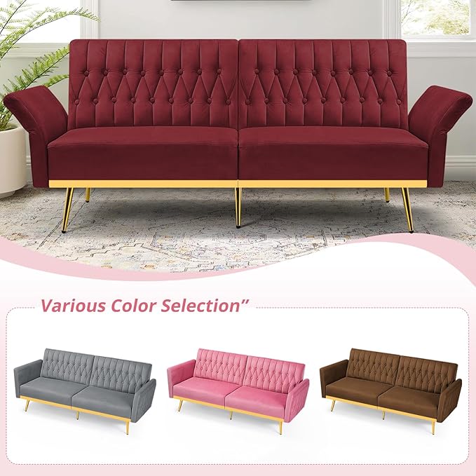 ACMEASE 70” Velvet Futon Sofa Bed with 2 Pillows and Adjustable Armrests, Convertible Sleeper Bed W/Adjustable Backrests, Modern Loveseat for Living Room, Bedroom, Red