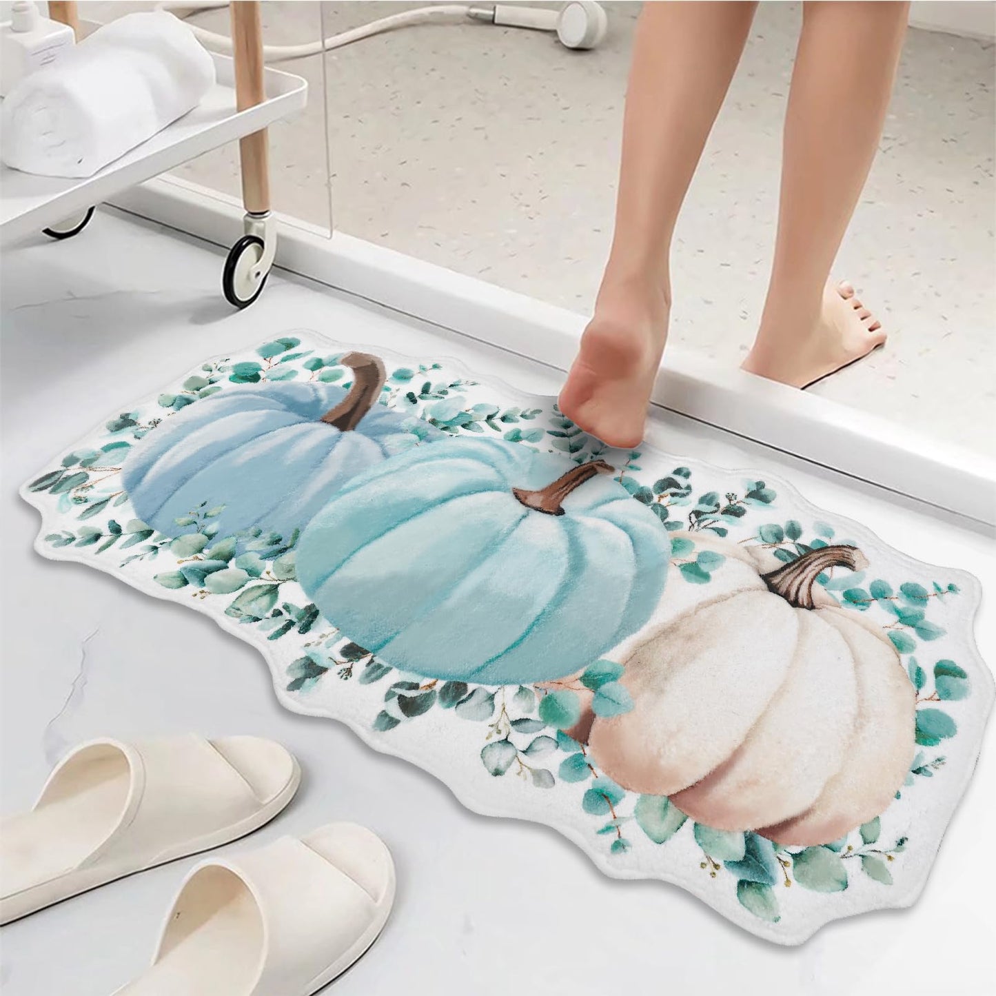 ysnifeiw Fall Thanksgiving Bathroom Rugs Blue Pumpkin Bath Mat, Non-Slip Farmhouse Autumn Harvest Bathroom Doormat Bath Rugs for Fall Thanksgiving Home Decorations