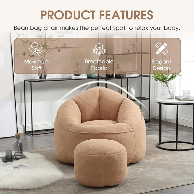 Sudwesto Bean Bag Chair for Adult, Microfiber Upholstered Bean Bag Sofa with Petal Back, Shell-Shaped Beanbag Chair with Footstool, Memory Foam Stuffed Lazy Sofa for Living Room, Bedroom (Tan)