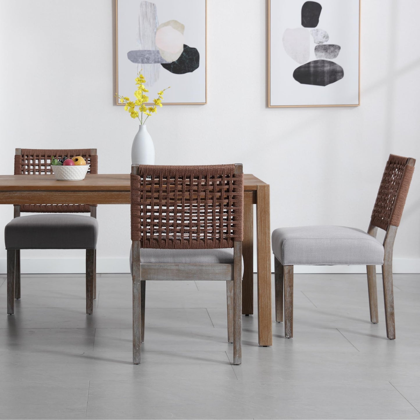 chairus upholstered Dining Chairs Set of 2, Farmhouse Dining Room Chairs Grey Kitchen Chairs with Low Woven Rope Back Wooden Side Chair for Kitchen Dinning Room Restaurant - Linen, Dark Grey