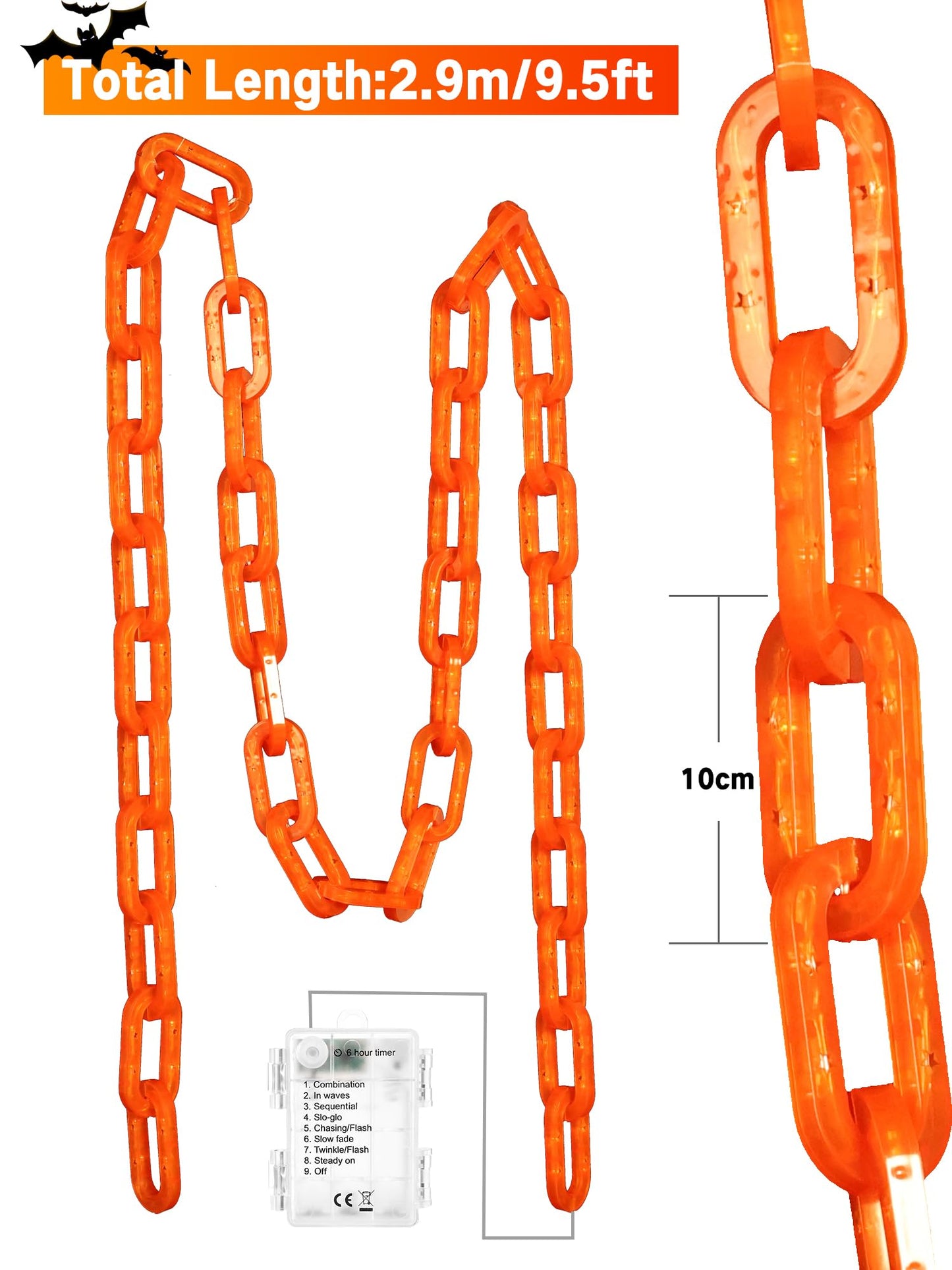 Halloween Decorations Battery String Lights - 10 Ft 160 LED Plastic Chain String Lights with Waterproof, 8 Lighting Modes and Timer Function US Patent Product (Orange)