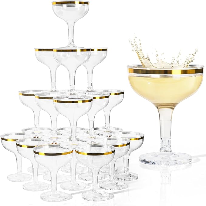 RYTOXILO Champagne Tower Glasses, 50 Pack 5.4 fl oz Plastic Coupe Glasses for Parties with Gold Rimmed, Disposable Clear A...