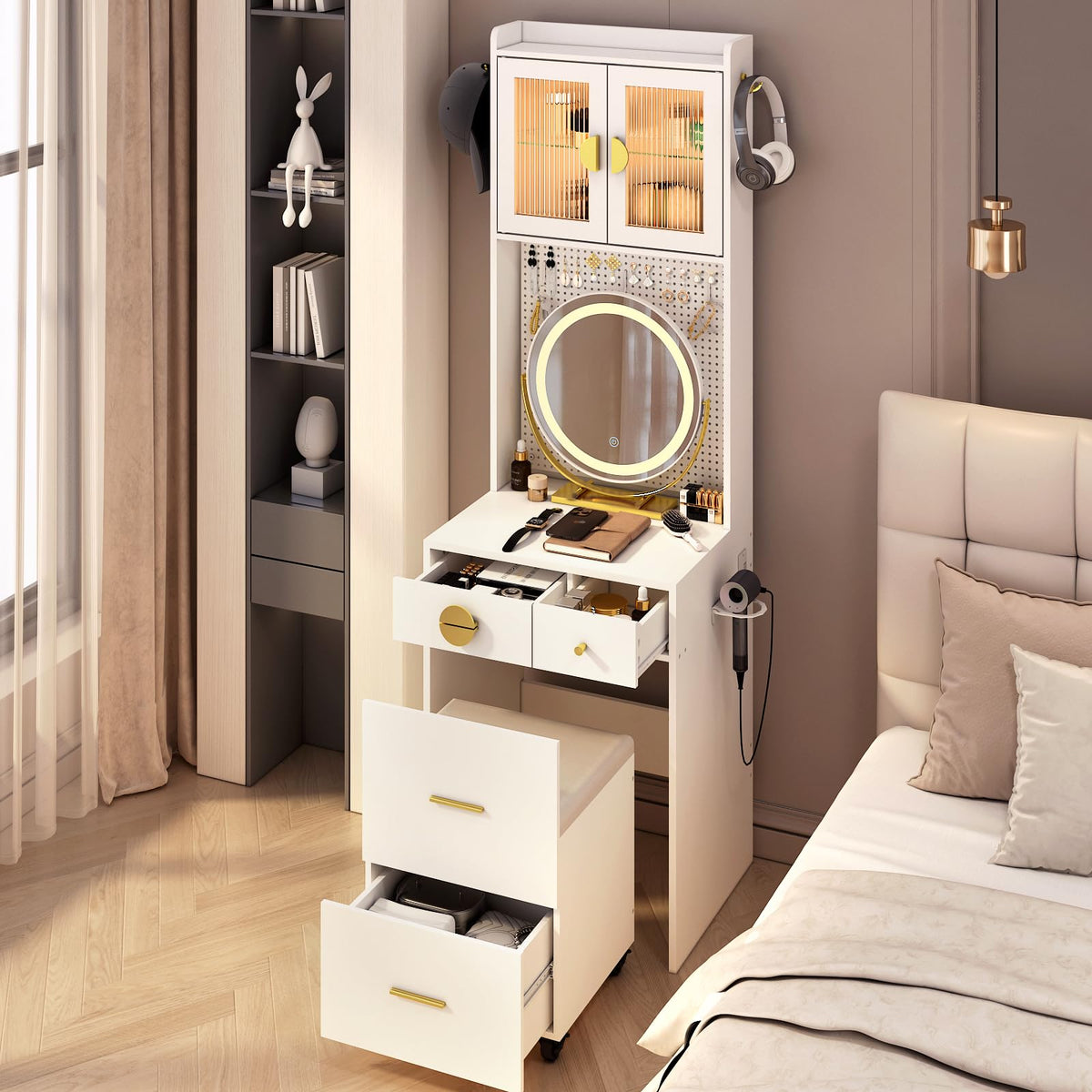 Karl home Small Makeup Vanity Desk with Mirror and Lights, Makeup Table with Charging Station & DIY Pegboards for Small Space, Compact Mini Vanity Set with Hidden Storage Stool for Bedroom, White