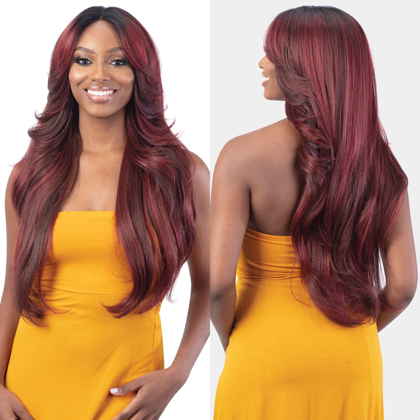 FreeTress Equal HD Lace Front Wig Curtain Bang Bombshell (BURG)