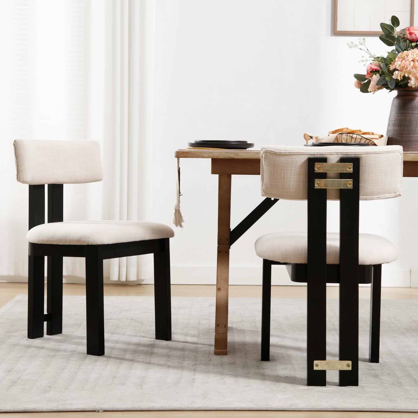 BESTANO Linen Wooden Dining Chairs Set of 2, Modern Farmhouse Dining Room Kitchen Chairs with Curved Backrest Black Wood Legs, Armless Dining Chairs, Beige