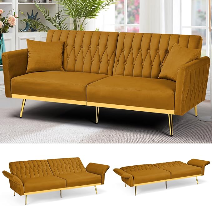 ACMEASE 70” Velvet Futon Sofa Bed with 2 Pillows and Adjustable Armrests, Convertible Sleeper Bed W/Adjustable Backrests, Modern Loveseat for Living Room, Bedroom, Ginger