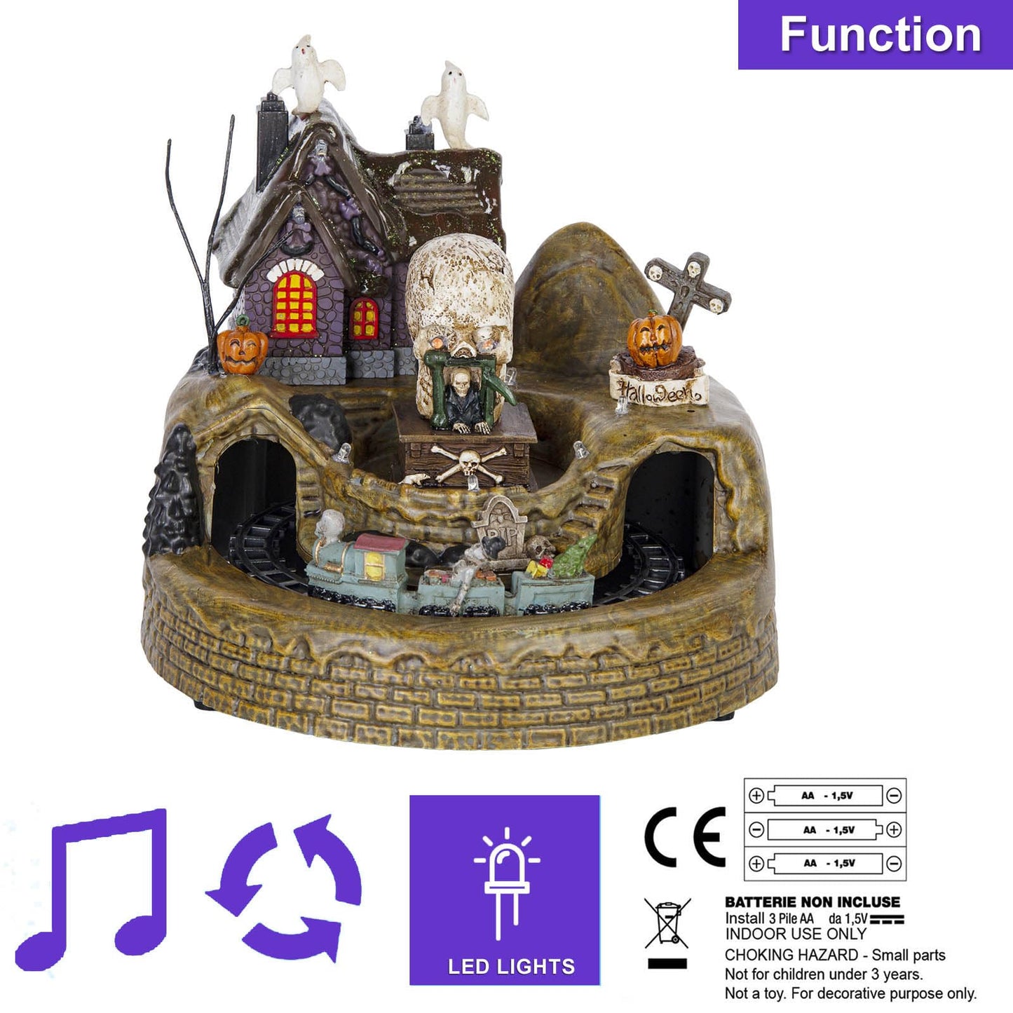 innodept12 Animated Halloween Train Village Set with Ghosts, Skeletons, Spooky House, LED Lights, 7.67 Inches, Multicolor