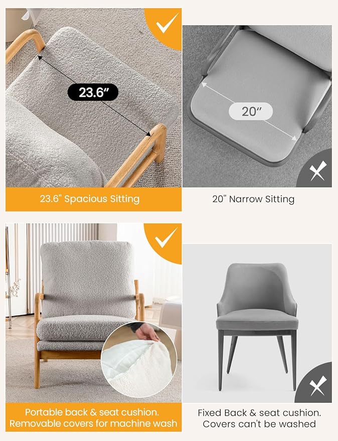 Mid Century Modern Accent Chairs for Living Room, 23” Wide Comfy Chair for Bedroom, Small Cozy Sherpa Reading Chairs for Adults, 108° Lounge Arm Chair Indoor with Detachable Cover, 5.5" Foam Cushion