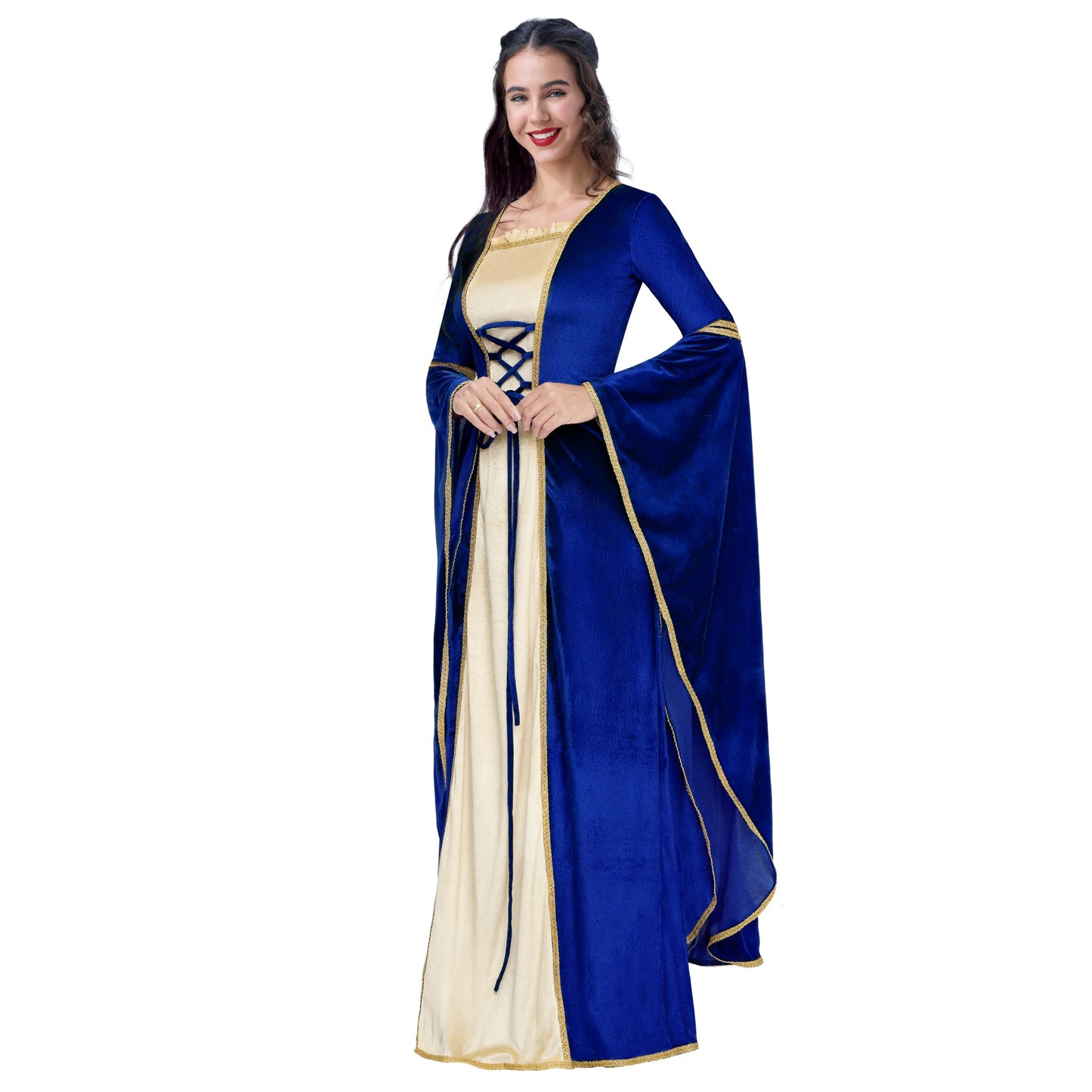 Spooktacular Creations Renaissance Costume Women, Blue Velvet Medieval Dress for Women, Irish Fairy Renaissance Dress with Decorated Lace for Wedding, Halloween Cosplay Themed Party (X-Large)