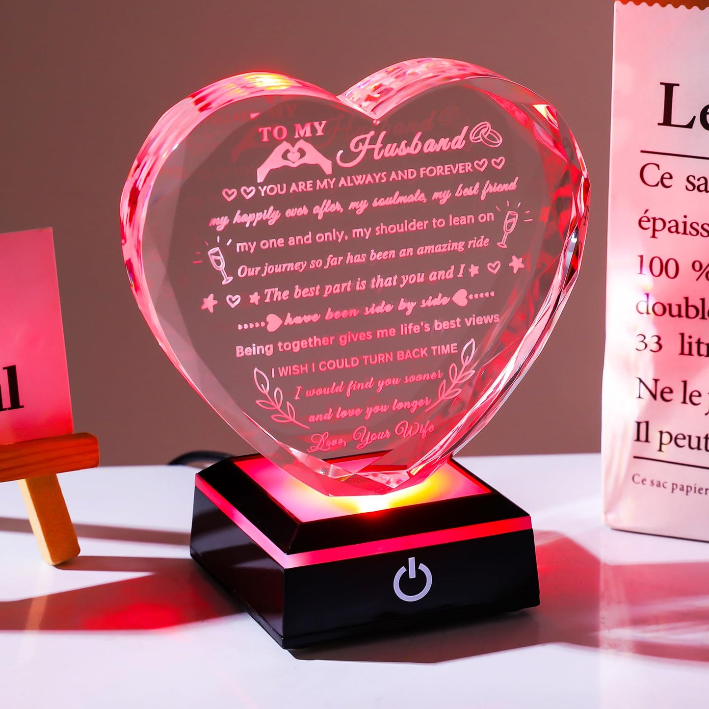 YWHL Gifts for Husband from Wife with Colorful LED Base Anniversary Birthday Gifts for Husband to My Husband Crystal Heart Keepsake I Love You Gifts for Him on Valentine Christmas Fathers Day